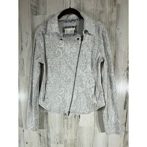 Saturday Sunday Moto Jacket Size XS Gray White‎ Paisley Floral Diagonal Zip